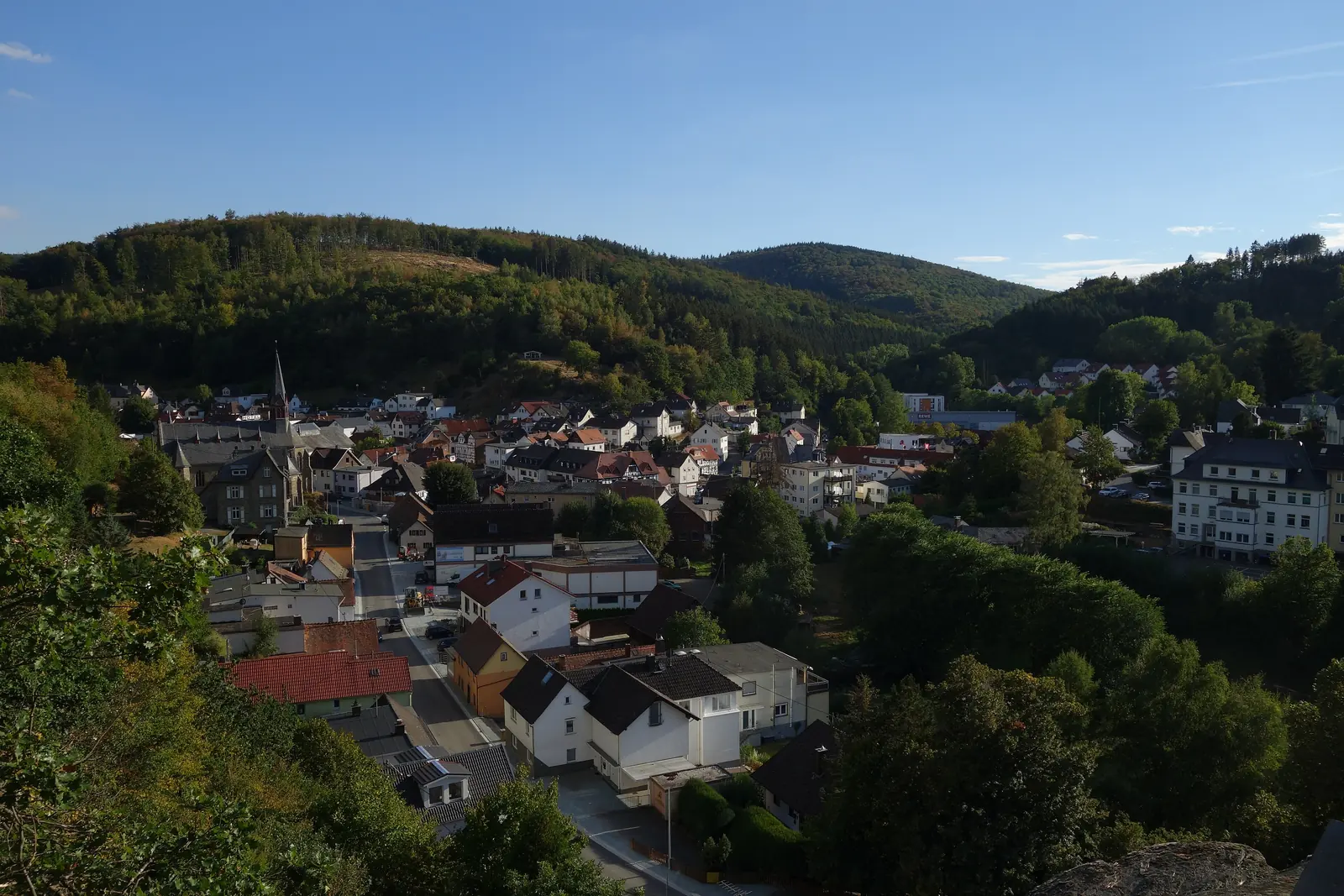 Blick vom Wiegerfelsen auf Schmitten im Taunus mit den bewaldeten Hängen